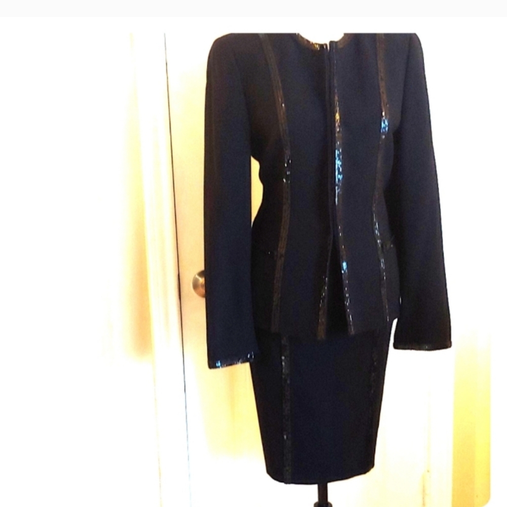 LOUIS FERAUD/ ESCADA 38 8 COUTURE WOOL SEQUINS TAILORED SHORT SKIRT SUIT